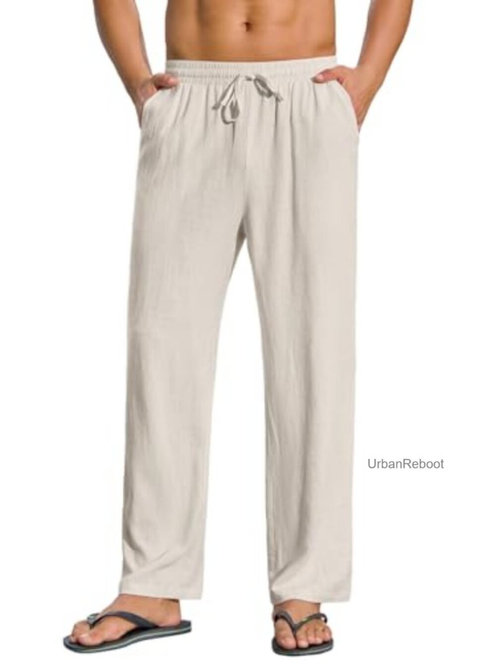Mens Linen Wide Leg Drawstring Elastic Waist Summer Beach Pants